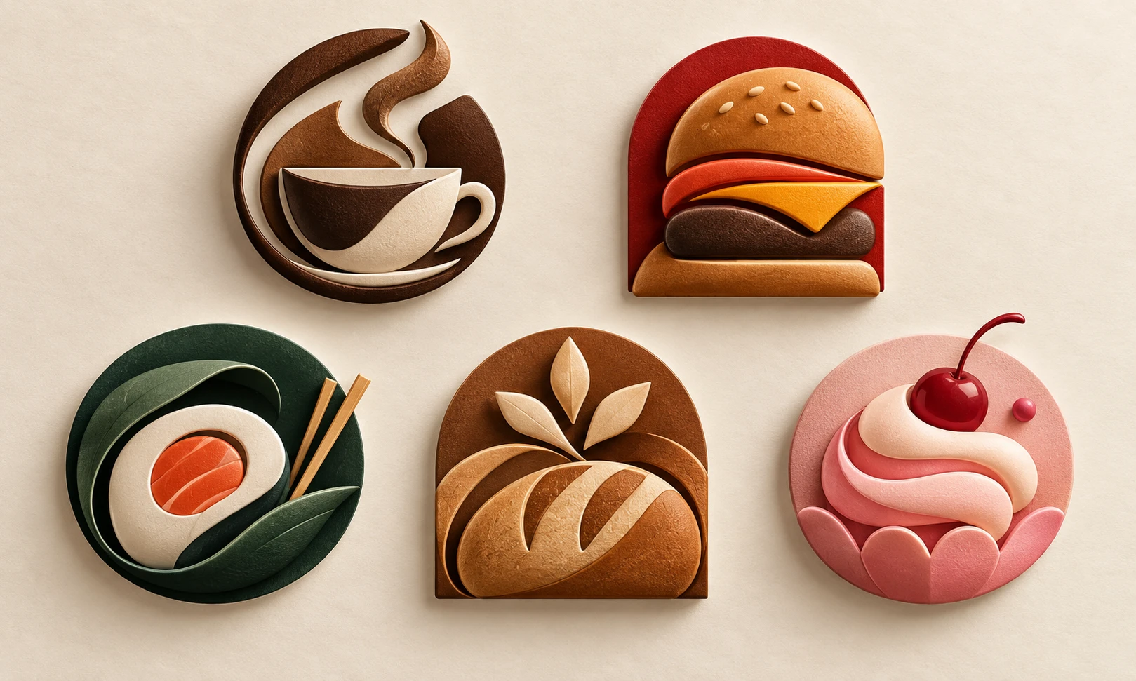 A curated set of fictional restaurant logos for café, burger, sushi, dessert, and dining concepts