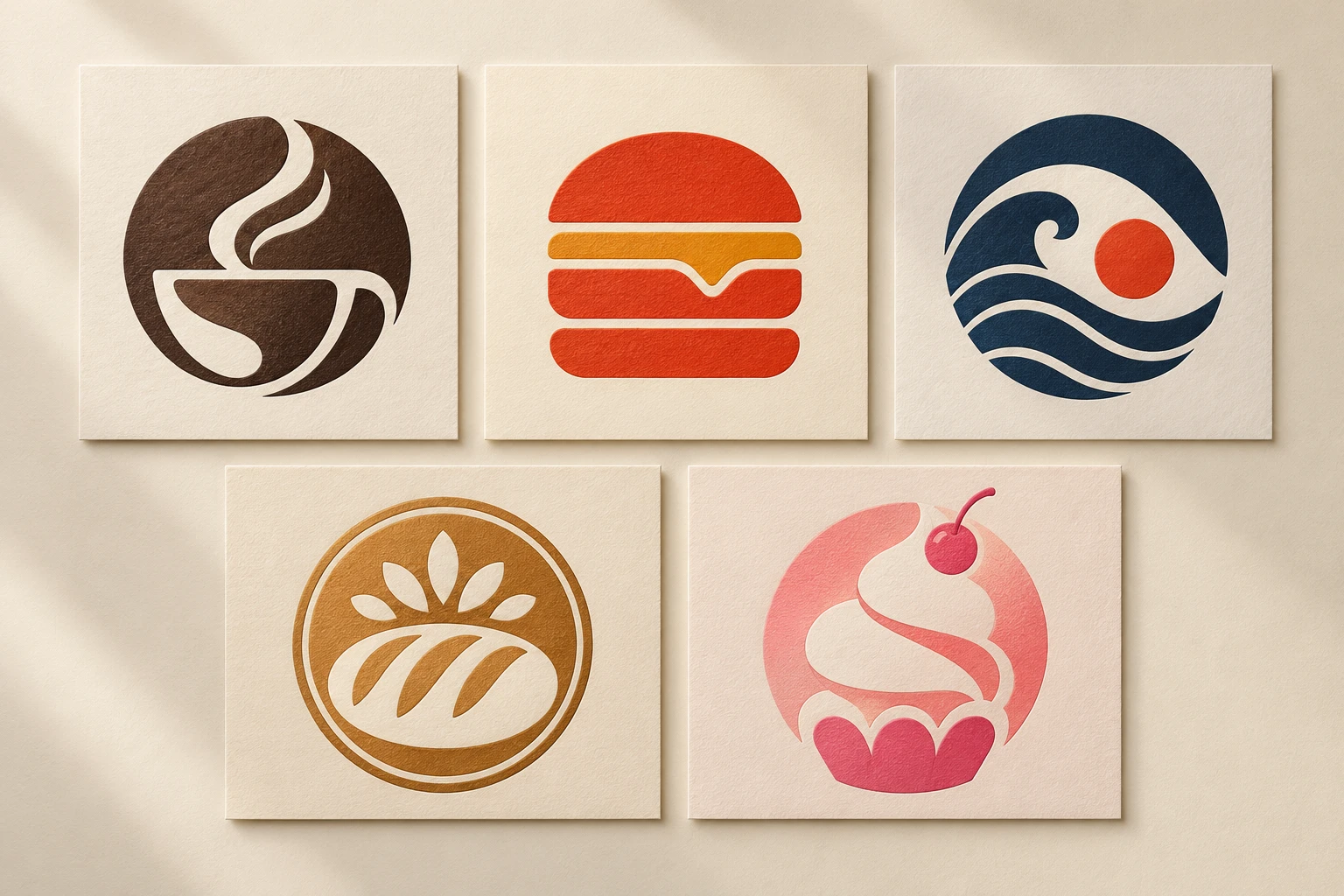 Five fictional restaurant logo directions: a coffee bar monogram, burger wordmark, sushi symbol, bakery seal, and dessert icon