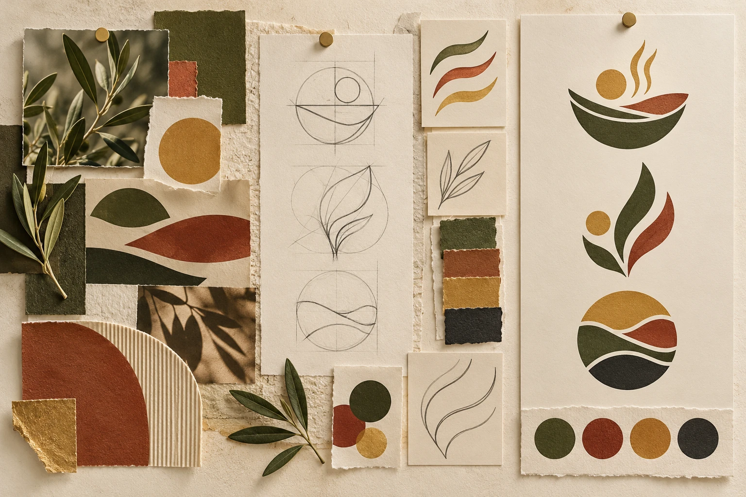 A fictional restaurant logo concept board moving from brand brief words to simple original symbols and color choices