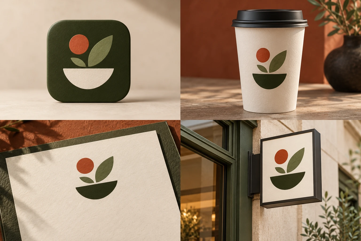 A fictional restaurant identity tested as a delivery-app icon, takeaway cup, menu header, and storefront sign